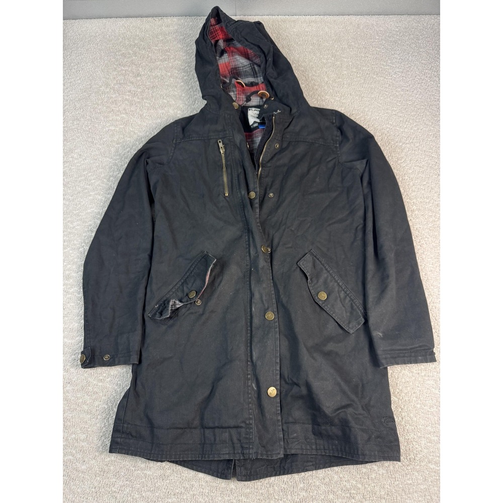 KAVU Jacket Mens‎ Small Black Hooded Cotton Canvas Parka Plaid Lined Long Coat